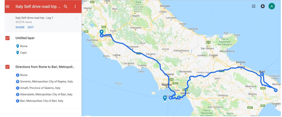 Italy self drive itinerary map